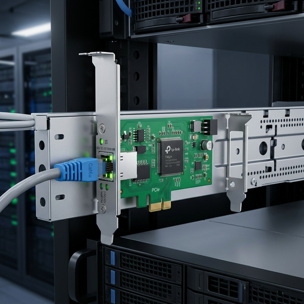 An actual photo of the TP-Link TX301 adapter installed in a server rack, with a Cat6a cable connected.