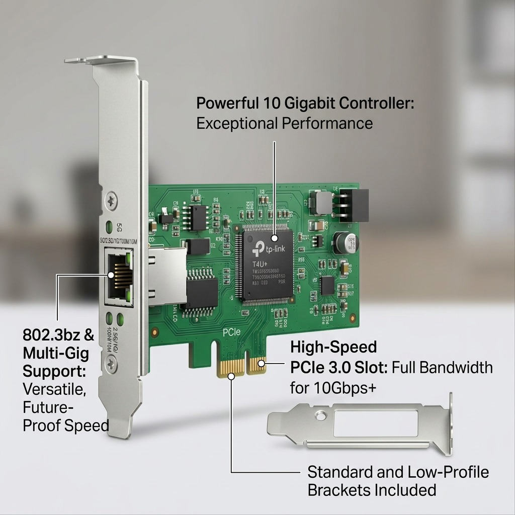 A technical ecommerce graphic of the TP-Link TX301 PCIe card. Features callout lines with benefit-led text highlighting the controller, multi-gig RJ45, PCIe 3.0, and included brackets.