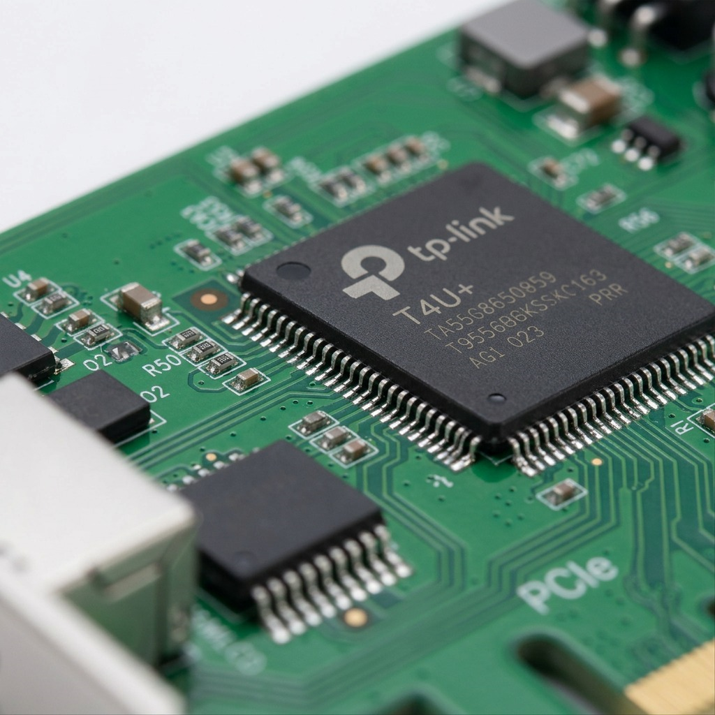 Macro photo showing detailed TP-Link T4U+ chip and discrete components on green PCB.