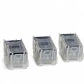 Clean studio shot of three clear plastic staple refills from the Xerox 008R12941 kit, shown in precise detail on a pure white background.