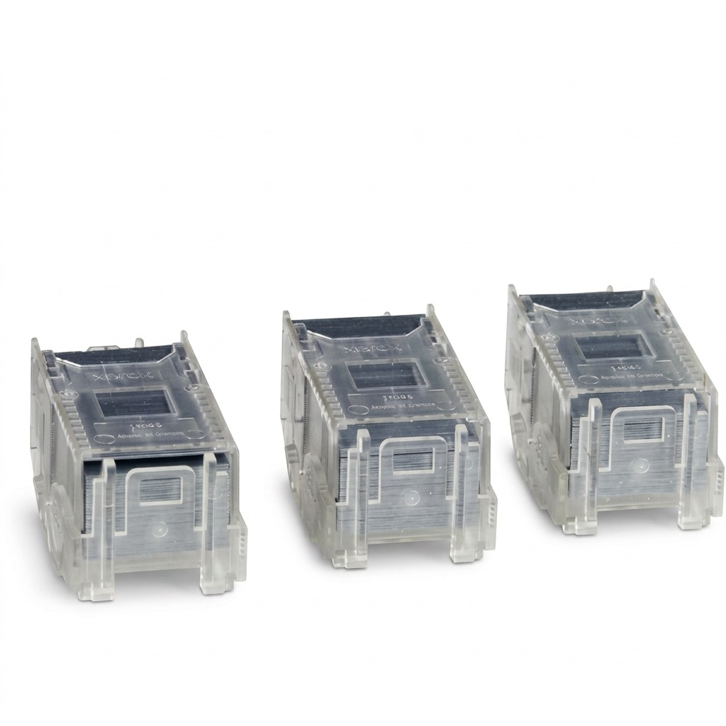Clean studio shot of three clear plastic staple refills from the Xerox 008R12941 kit, shown in precise detail on a pure white background.