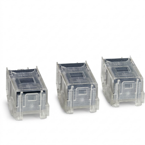 Clean studio shot of three clear plastic staple refills from the Xerox 008R12941 kit, shown in precise detail on a pure white background.