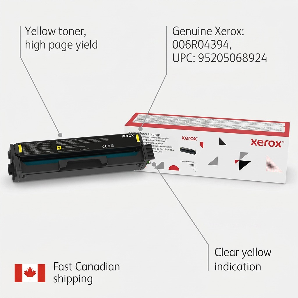 An ecommerce graphic for the Xerox 006R04394 Yellow High Capacity Print Cartridge, with feature callouts for high yield, genuine status, yellow identifier, and fast Canadian shipping.