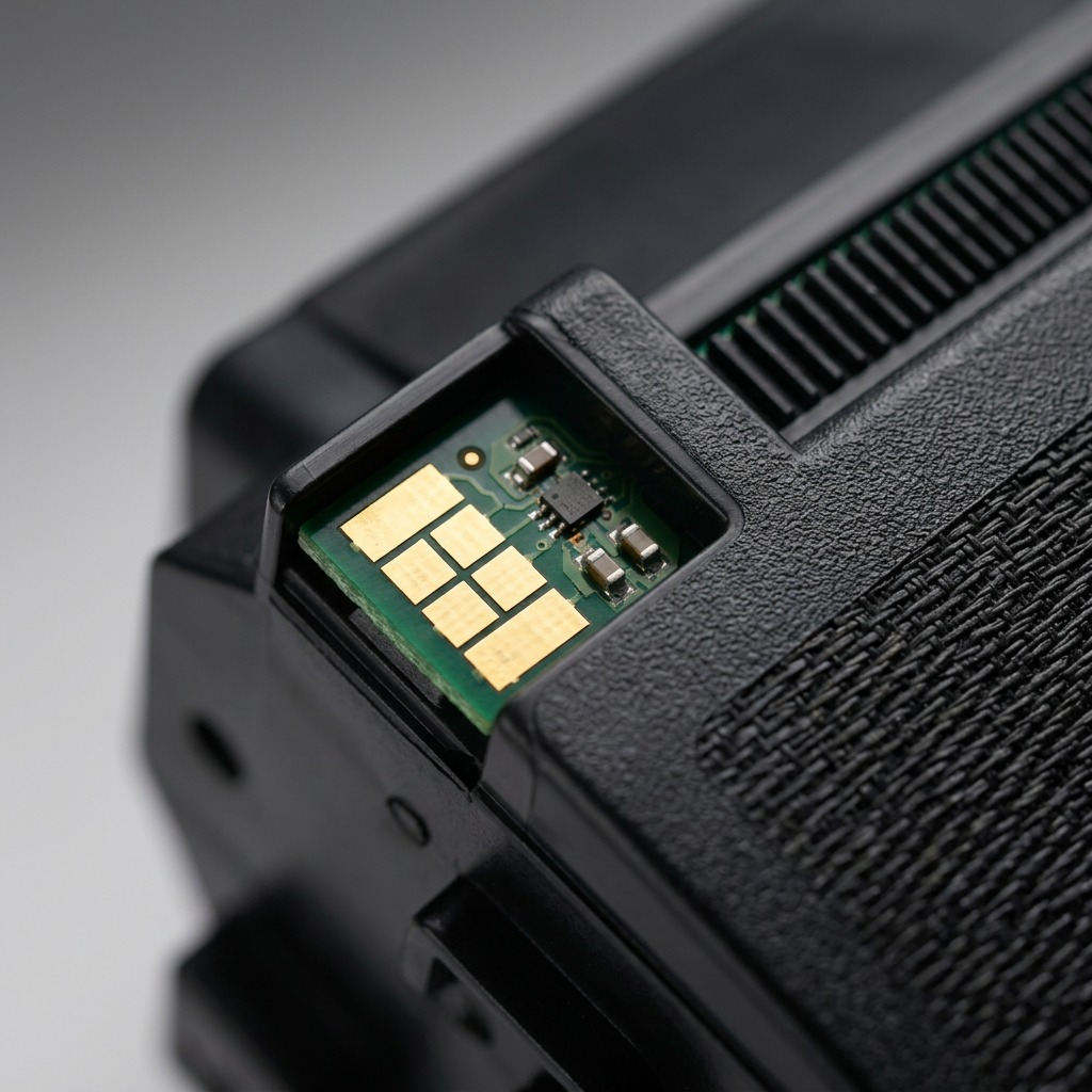 Macro photograph focusing on the data chip, electrical contacts, and textured casing of the specific Xerox cartridge.