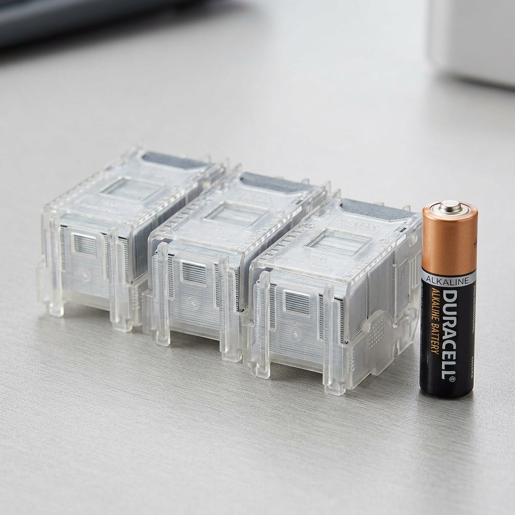 Size perspective shot: three identical clear plastic Xerox 008R12941 staple refills displayed next to a standard AA battery.
