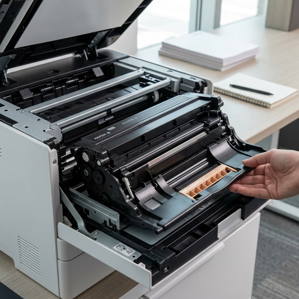 Realistic photo showing the Xerox 013R00699 imaging kit installed inside a VersaLink office printer.