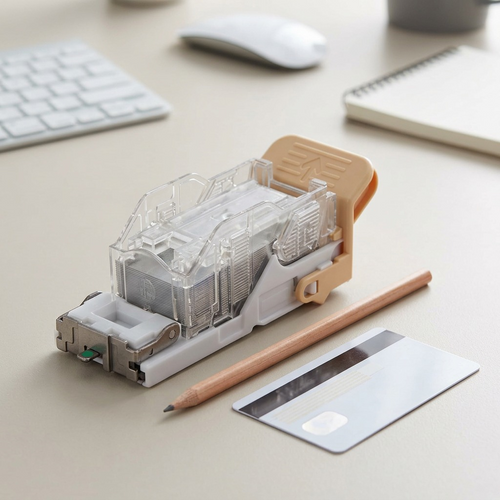 Xerox staple cartridge shown next to a pencil and credit card for true scale on a desk.