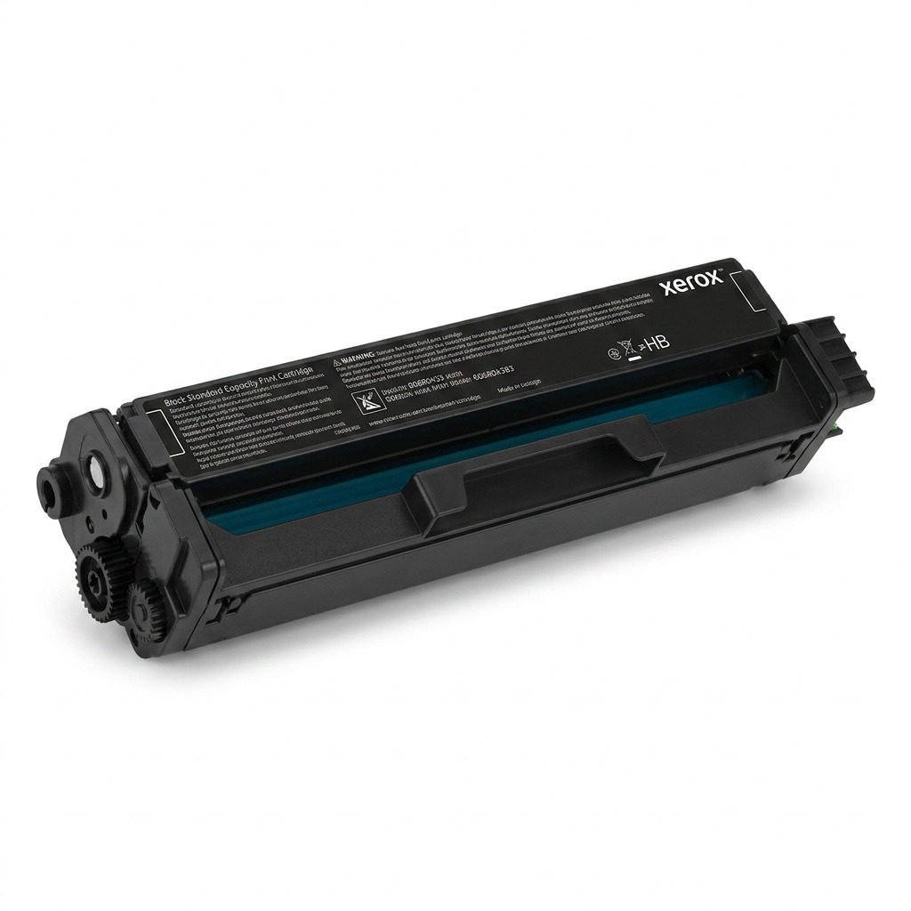 Studio shot of a genuine Xerox 006R04383 black standard capacity toner cartridge.