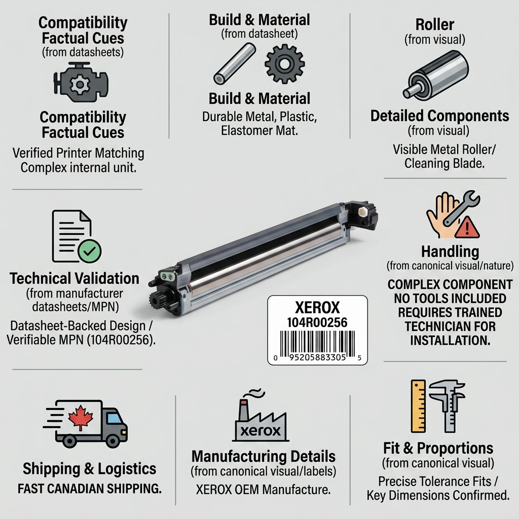A factual e-commerce infographic showing the Xerox 104R00256 Transfer Belt Cleaner with component details, compatibility, and fast Canadian shipping icons.