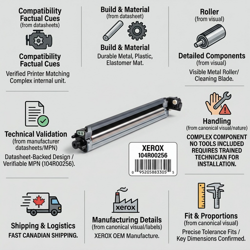 A factual e-commerce infographic showing the Xerox 104R00256 Transfer Belt Cleaner with component details, compatibility, and fast Canadian shipping icons.