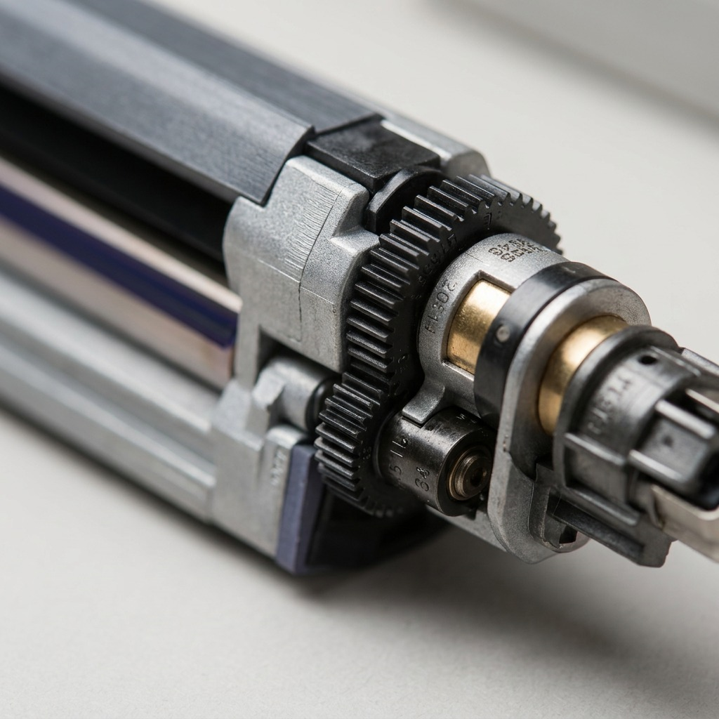 Extreme macro view of the Xerox 104R00256 cleaner, showing intricate gear teeth, a metal bushing, and blade interface detail.