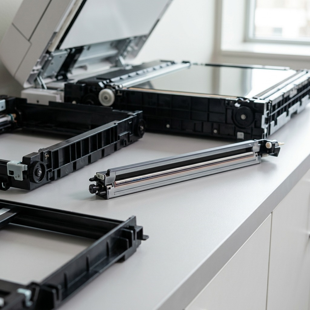 Xerox transfer belt cleaner placed on a maintenance surface, near a disassembled printer.
