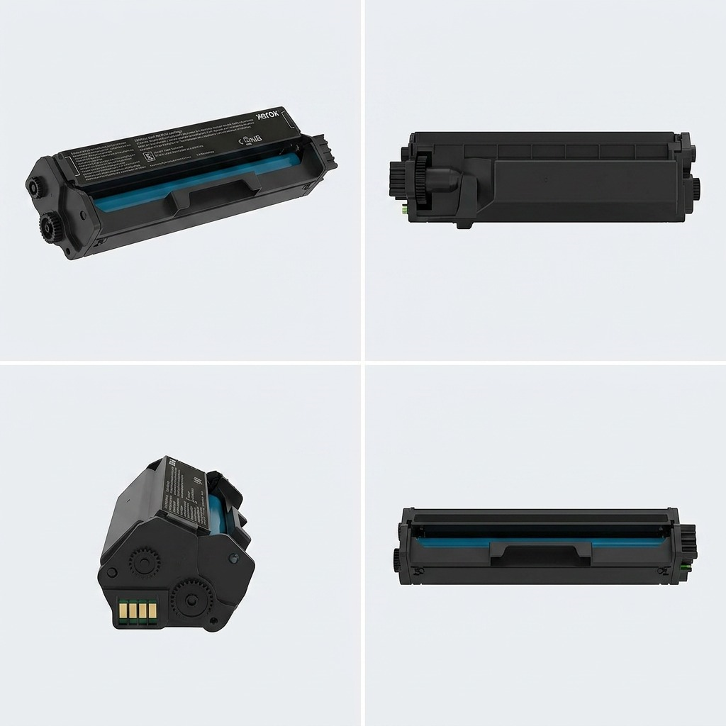 Four-panel grid matrix showing the exact Xerox 006R04383 black toner from front, rear, bottom, and top angles.