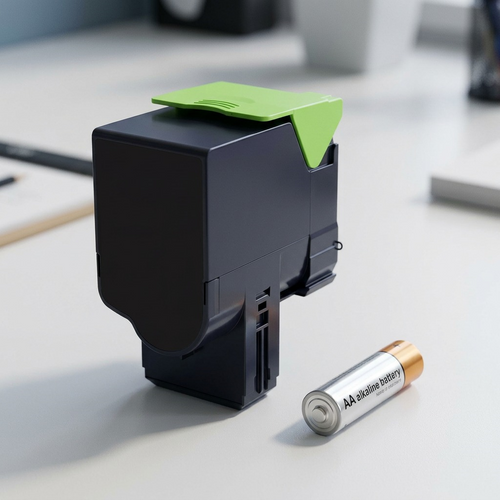 An alkaline AA battery provides a scale reference for the compact magenta toner cartridge on an office desk.