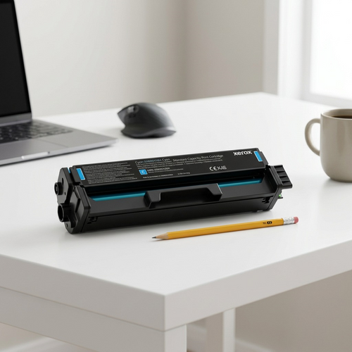 Xerox cyan toner cartridge 006R04384 next to a laptop and pencil for scale, on a white desk.