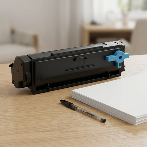 Canonically-shaped Xerox 006R04377 toner sits on a desk with a pen and a stack of paper for scale comparison.