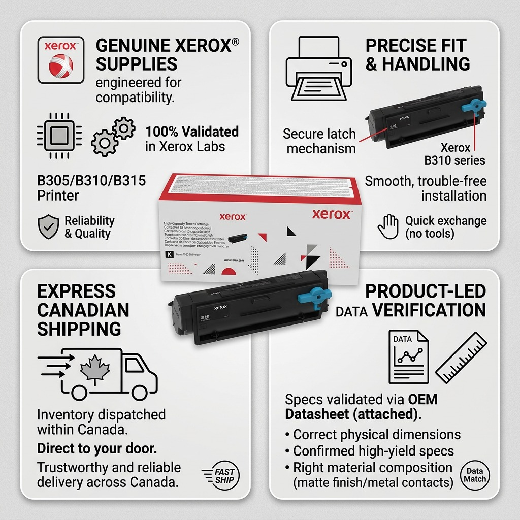 Information graphic about Xerox 006R04377 Genuine Toner: details on cartridge, packaging, support, and speed.