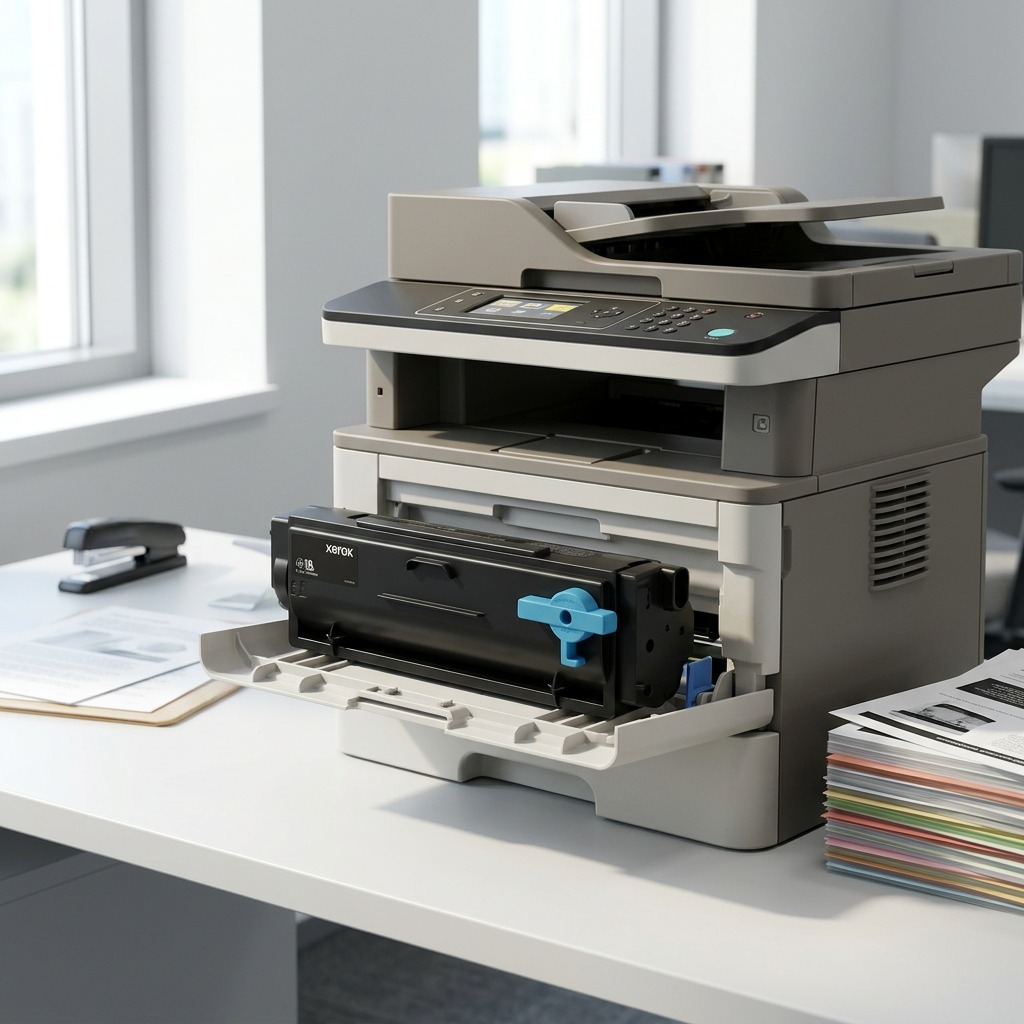 Realistic office scene: A Xerox black toner cartridge rests on a printer tray, ready for use.