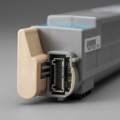 Extreme macro photo showing the precision contacts and intricate plastic geometry of the Xerox 106R01077 toner cartridge connector.