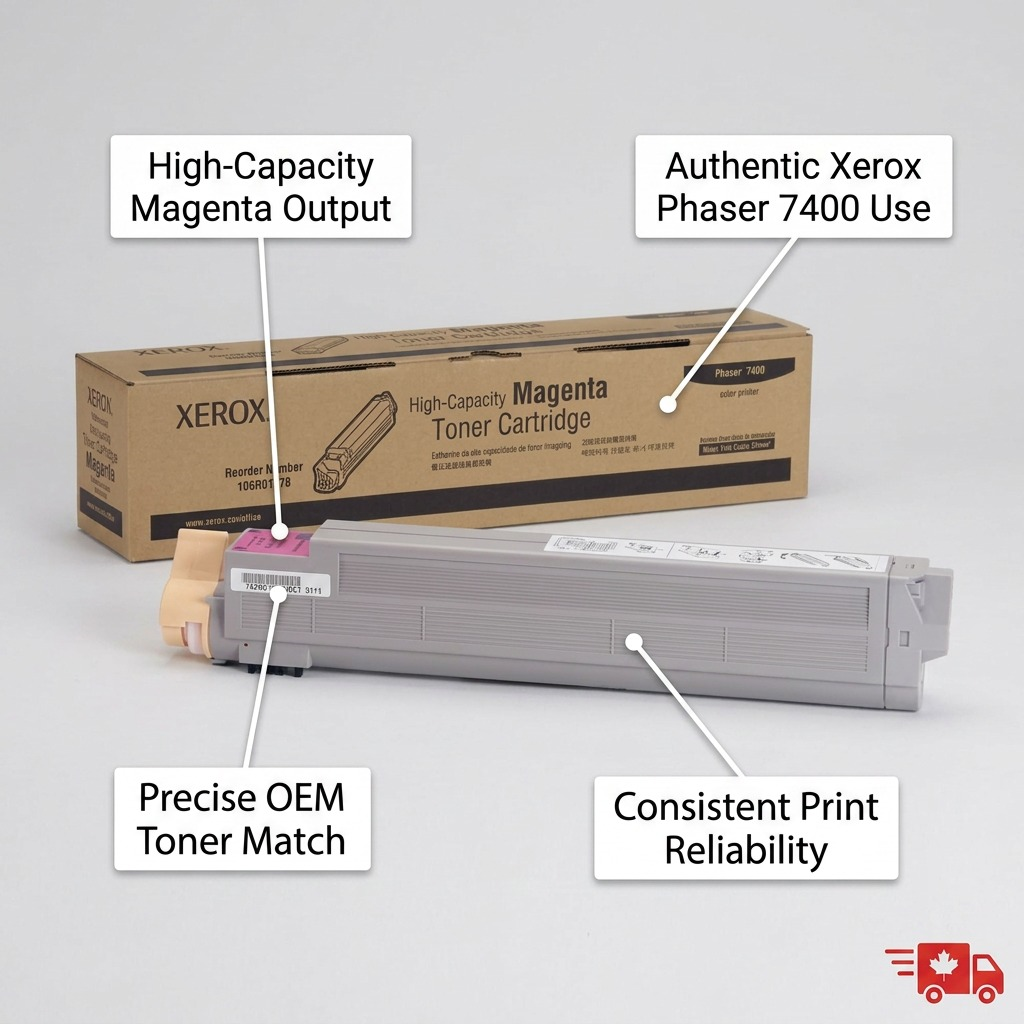 Operational feature callout image for Xerox 106R01078 Magenta Toner Cartridge, highlighting capacity and output.