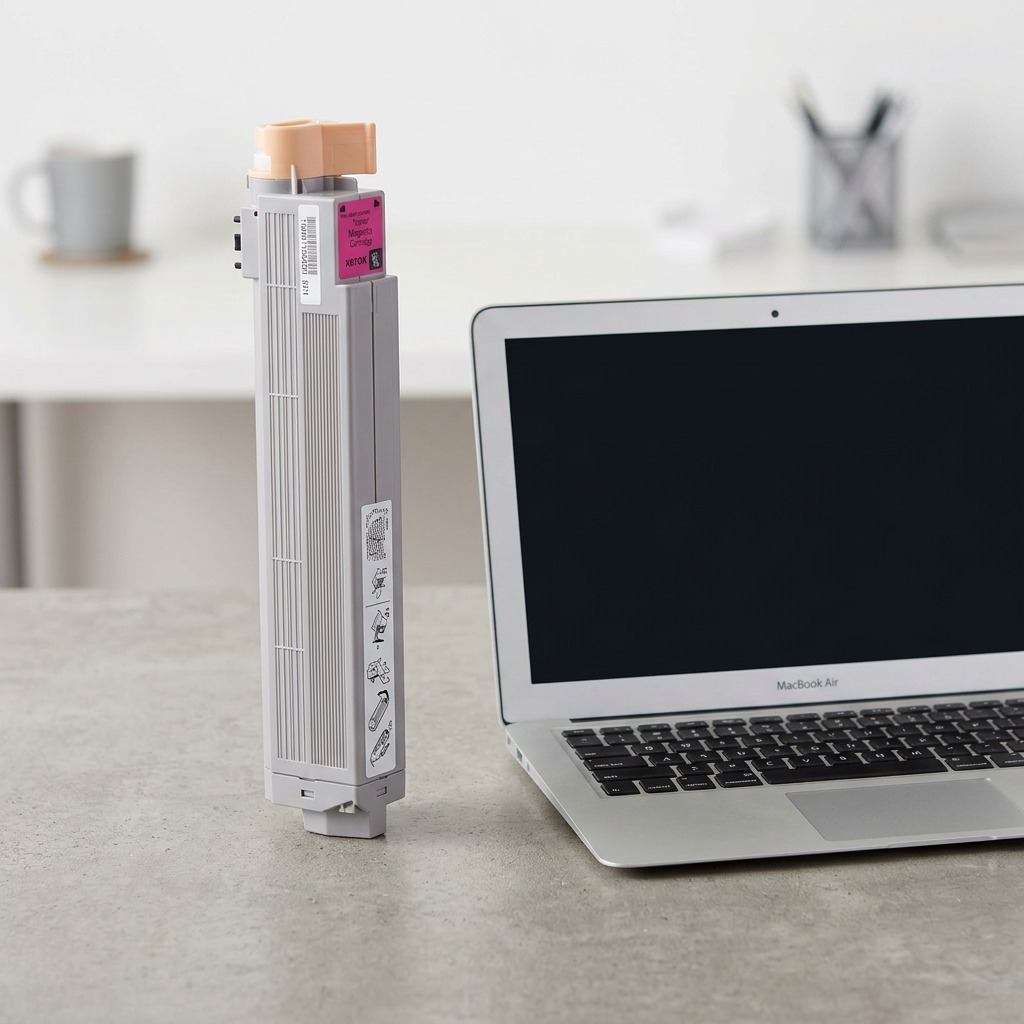 A photograph in a home office setting of the grey Xerox 106R01078 toner cartridge standing upright next to an open, average-sized laptop.