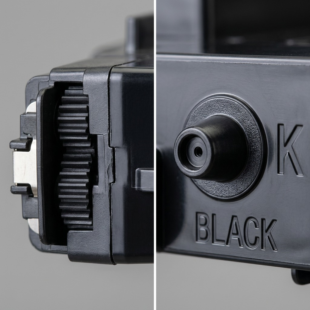 Two macro photos focusing on the toner cartridge's gear and nozzle details.