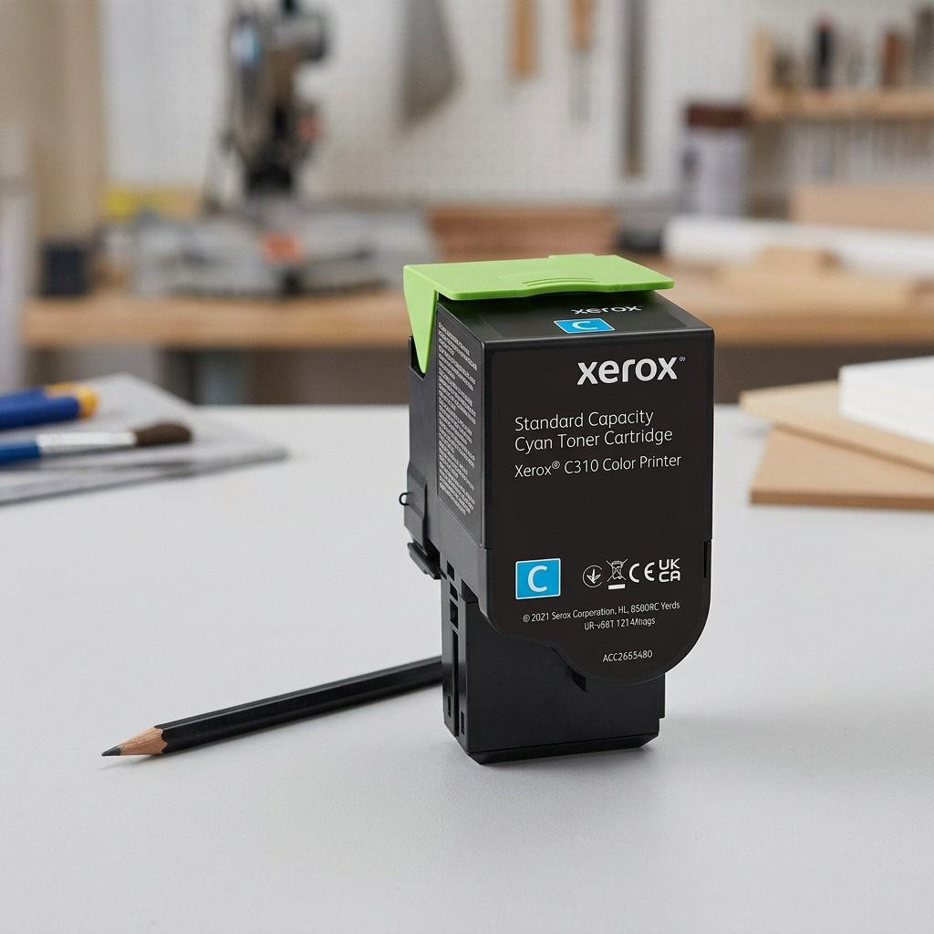 A Xerox 006R04357 cyan toner cartridge positioned beside a commonly understood object for size comparison.