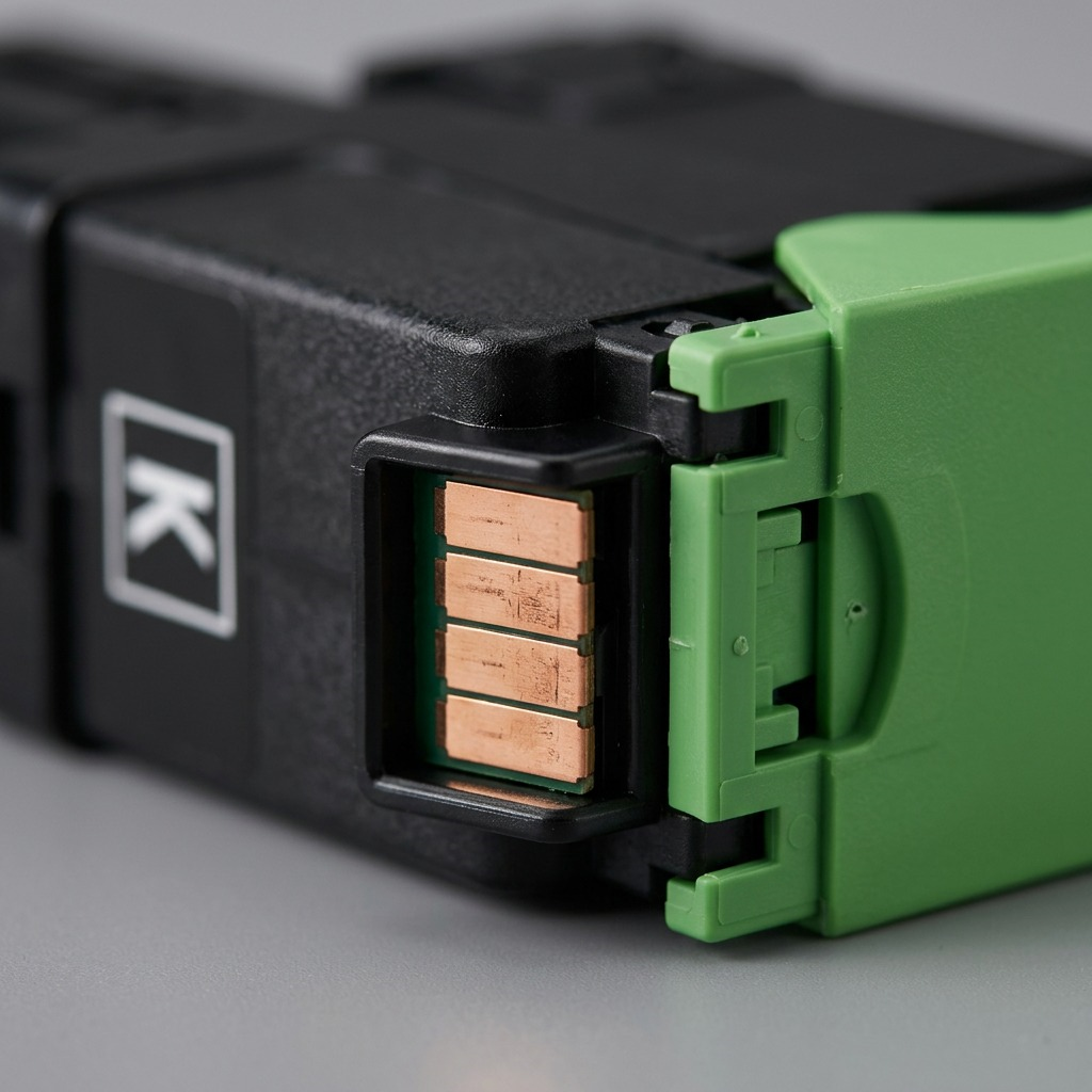 Macro photograph of the Xerox 006R04356 toner cartridge's electrical connector, showing metal pins and a secure latch.