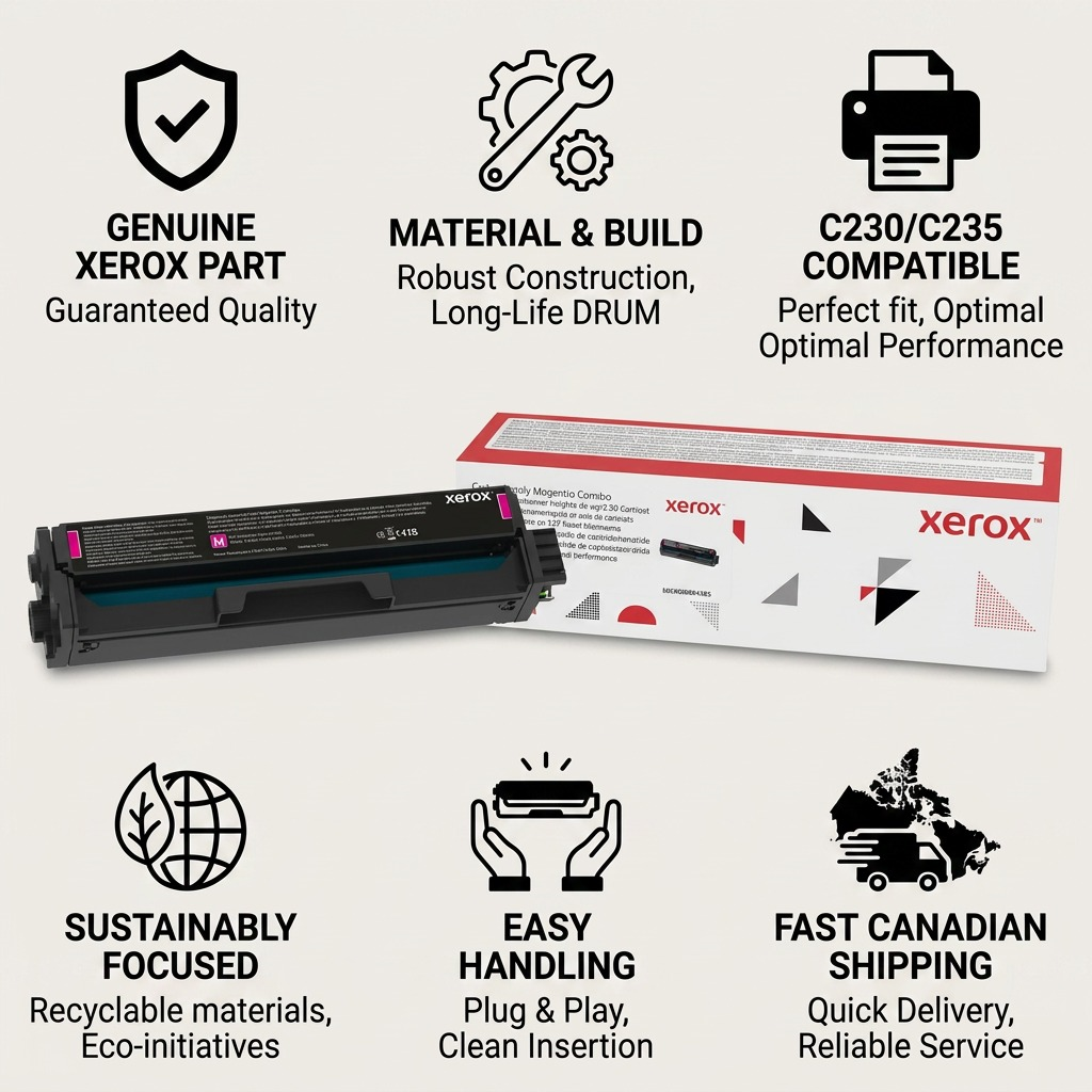 Infographic for Xerox 006R04385 cartridge with six trust icons and product image on a light background.