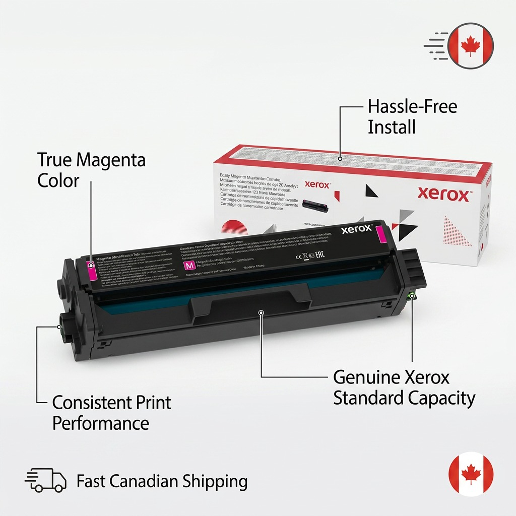 Ecommerce feature graphic for Xerox 006R04385 toner cartridge with benefit callouts and Canadian shipping.
