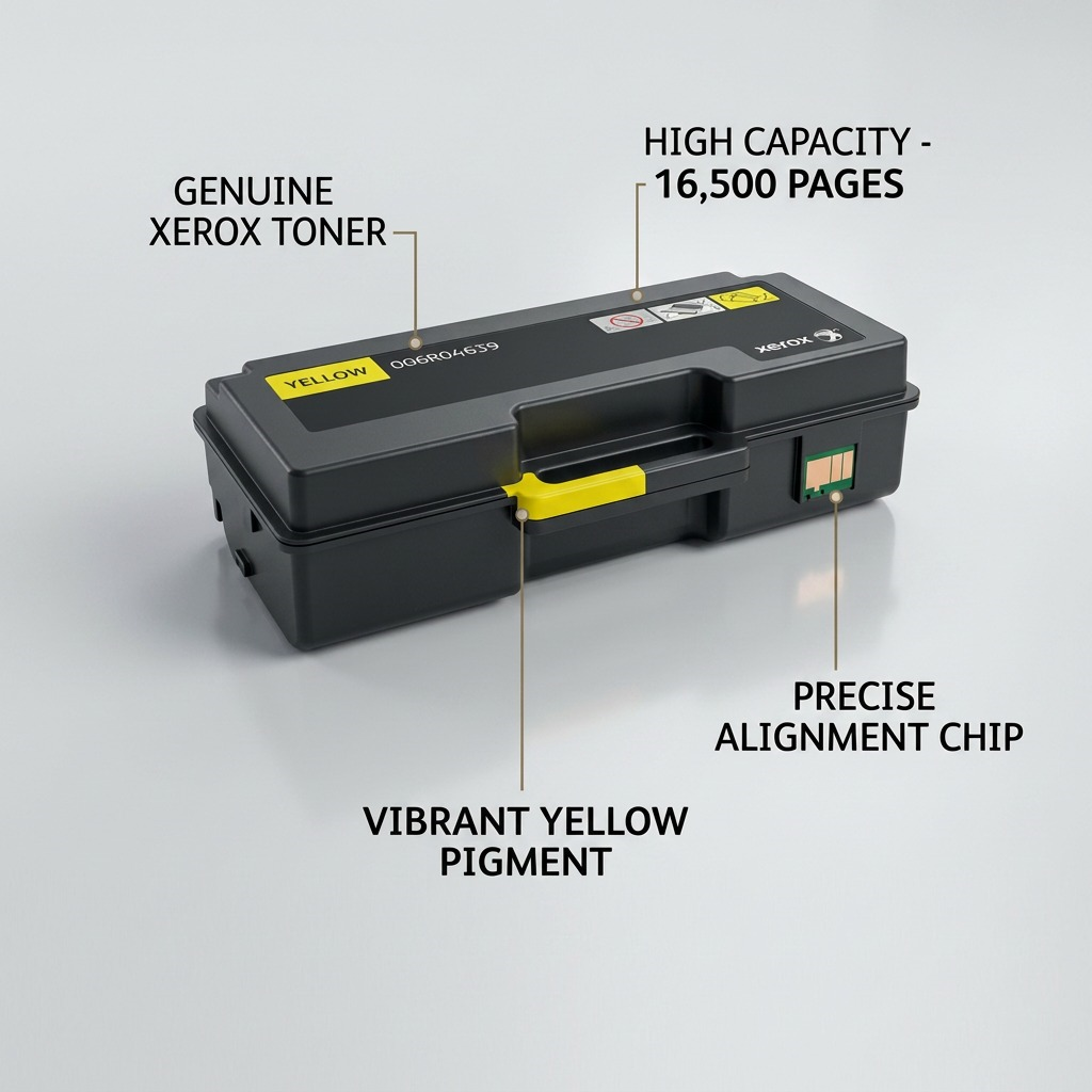 A detailed feature callout image for the Xerox 006R04639 yellow toner cartridge.