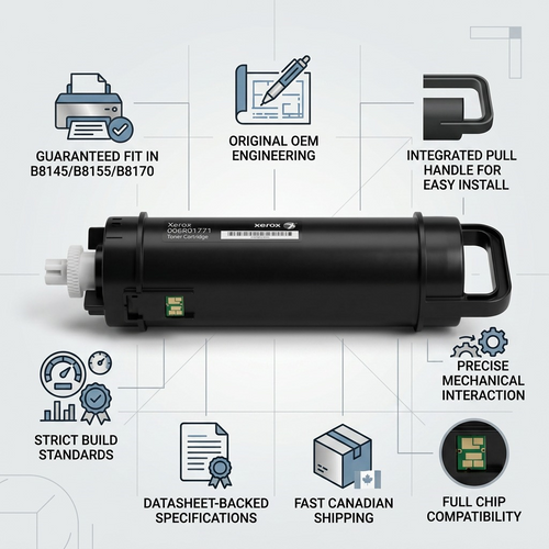 Trust infographic: Xerox 006R01771 cartridge with compatibility, build, and fast shipping facts.