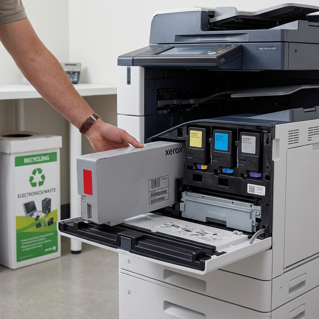 A photo of the Xerox 008R08101 waste toner container, matching the image provided, sitting in a plastic recycling bin next to a printer.