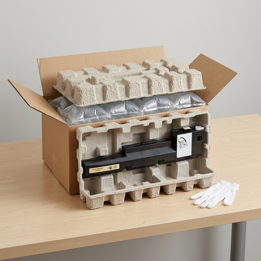 A detailed view of the Xerox 106R01081 cartridge unboxing with molded pulp and air cushions.