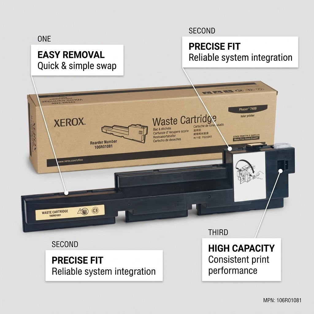 An operational feature callout graphic for the Xerox 106R01081 Waste Cartridge, highlighting its features and benefits.