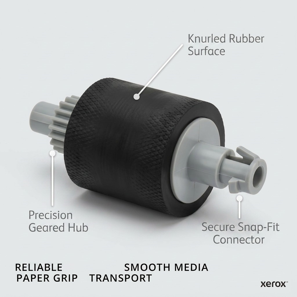 An operational feature infographic for the Xerox feed roller, showcasing its knurled rubber, precision gear, and snap-fit connector.