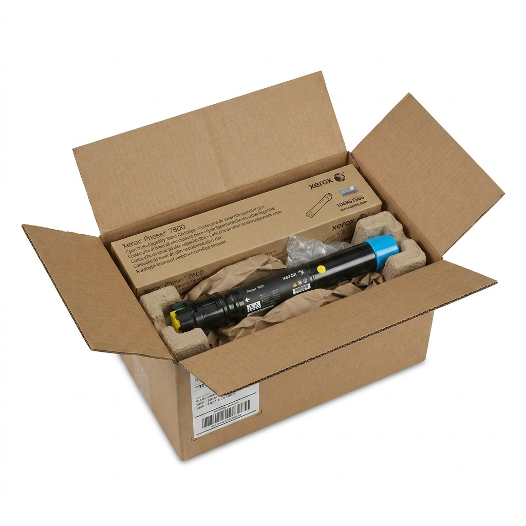 A high-resolution product shot showing the specific Xerox toner, its brown box, and protective foam inserted into an open shipping box, ensuring damage-free delivery.