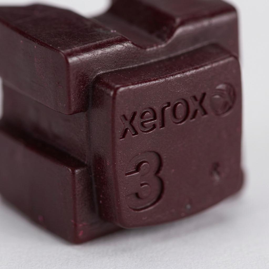 Extreme close-up of Xerox Magenta solid ink stick texture and the embossed 'Xerox 3' logo.