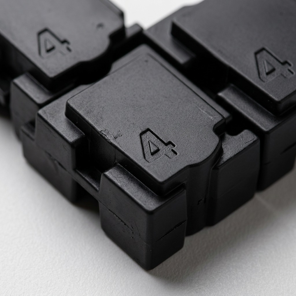 Macro photo showing the intricate multi-faceted, numbered structure of three interlocking black solid ink sticks.
