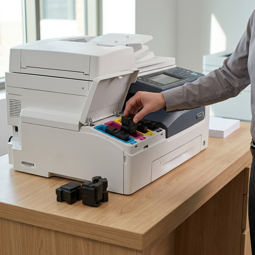 A hand inserts a black Xerox solid ink stick into an office printer's loading bay.