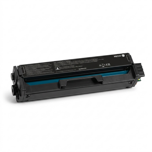 Pure high-resolution hero shot: black Xerox 006R04391 toner cartridge on a pure white background.