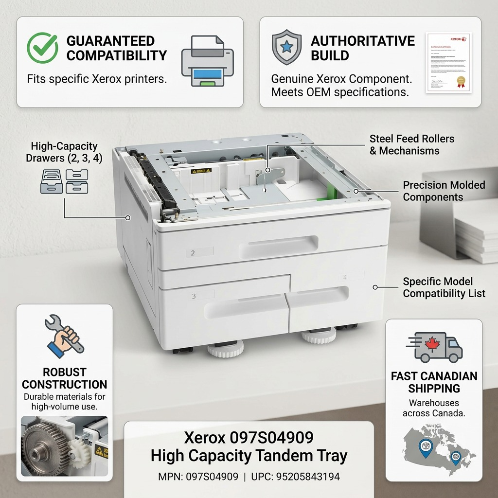 An infographic highlighting features of the Xerox 097S04909, such as fast shipping and compatibility.