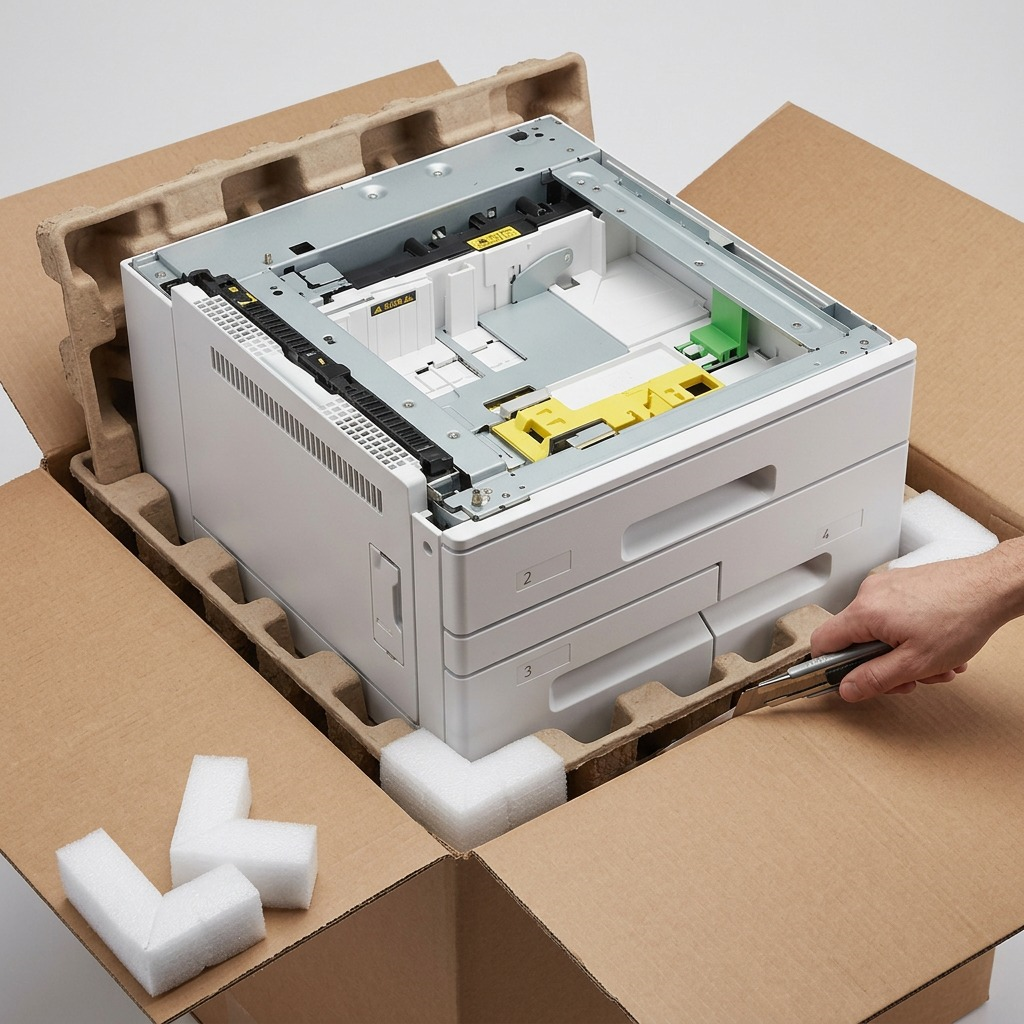 Photo of the heavy office printer tray accessory with shipping padding.