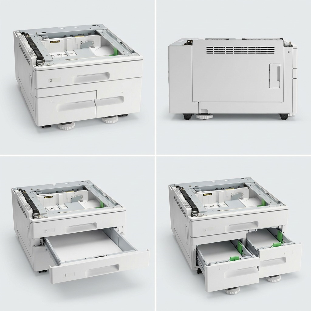 A high-quality product variant matrix showing the Xerox High Capacity Tandem Tray unit from multiple useful angles.
