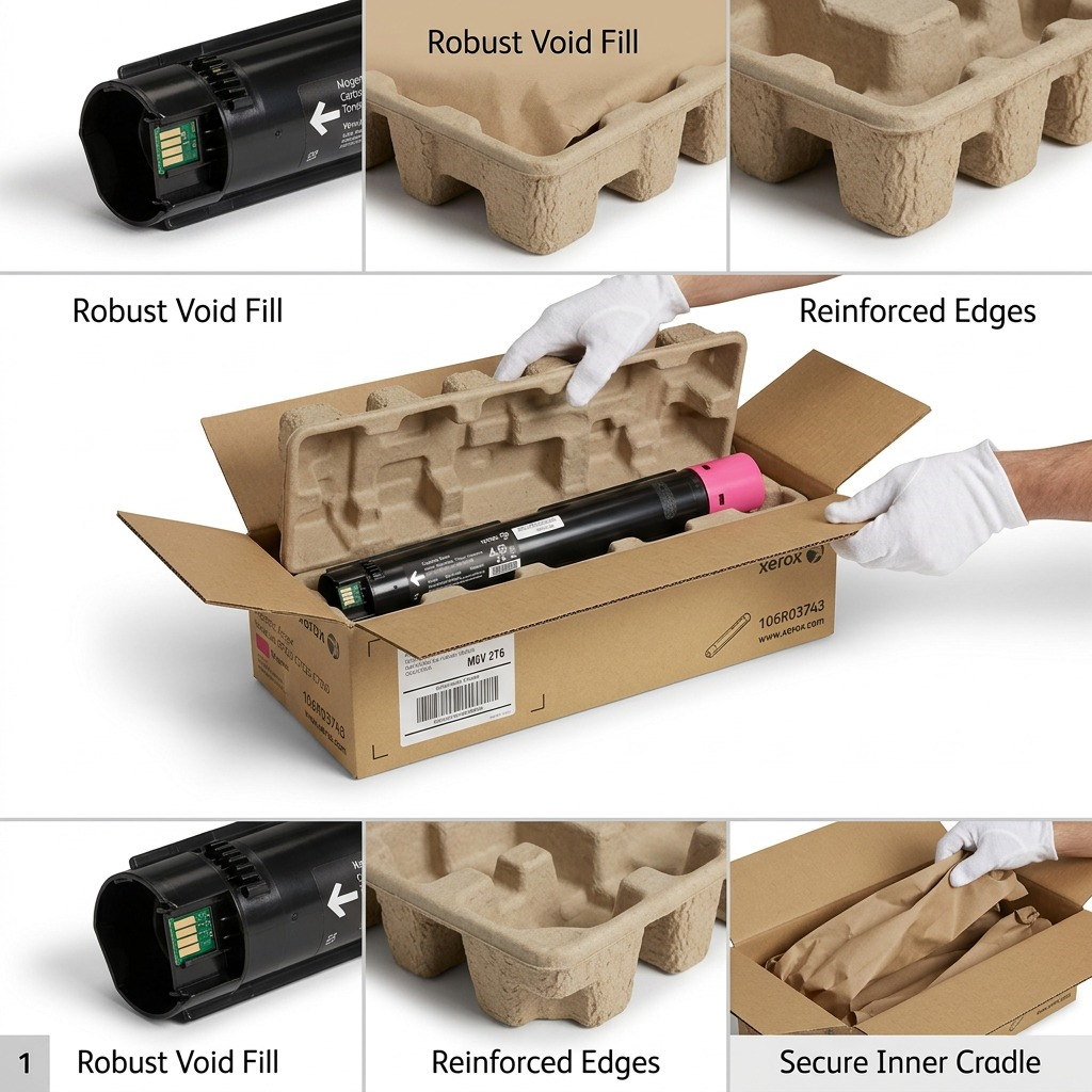 A visual matrix showing robust packaging for a genuine Xerox magenta toner, ensuring secure delivery.