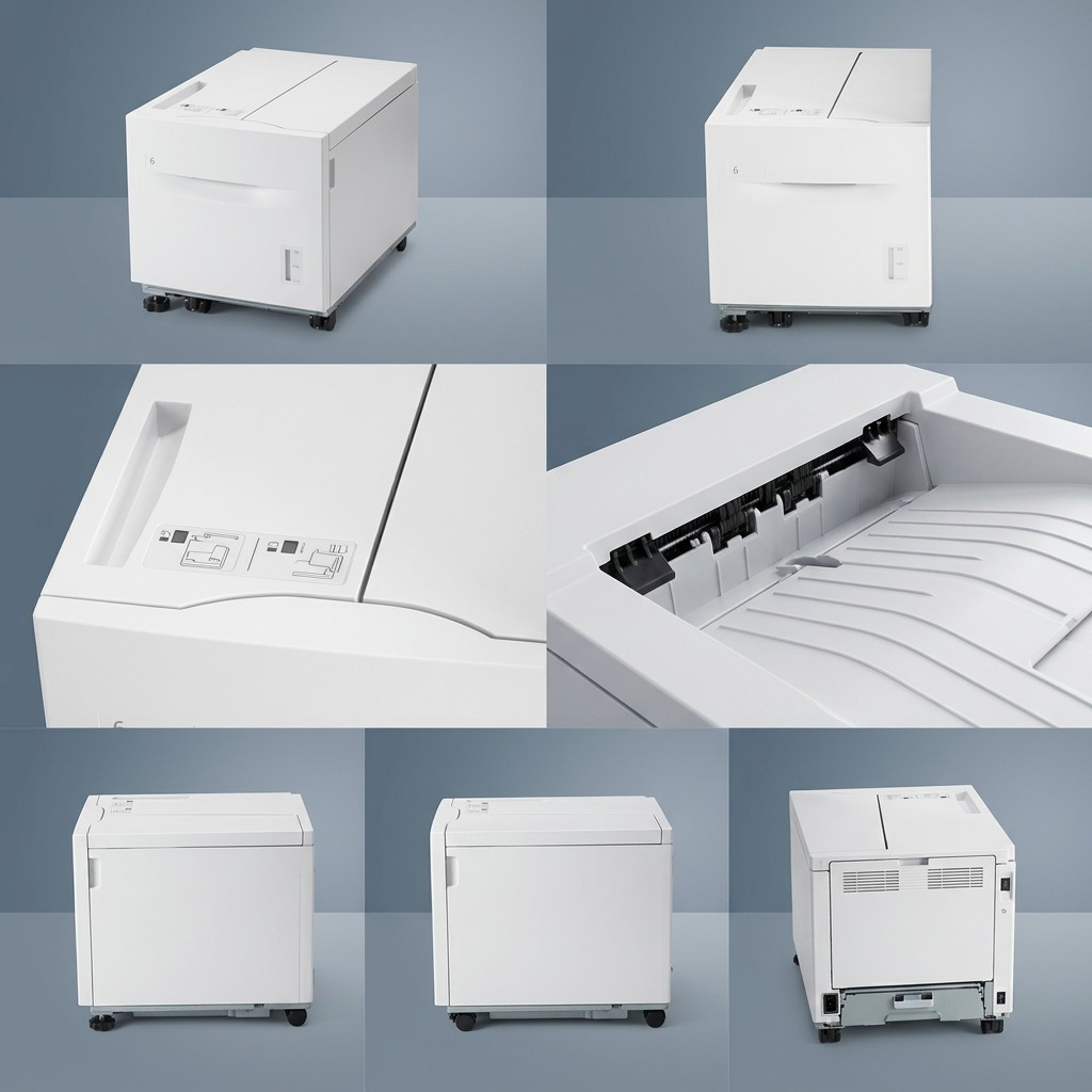 A multi-angle product gallery matrix of the Xerox High Capacity Feeder, showing various perspectives on a clean grey and blue background.