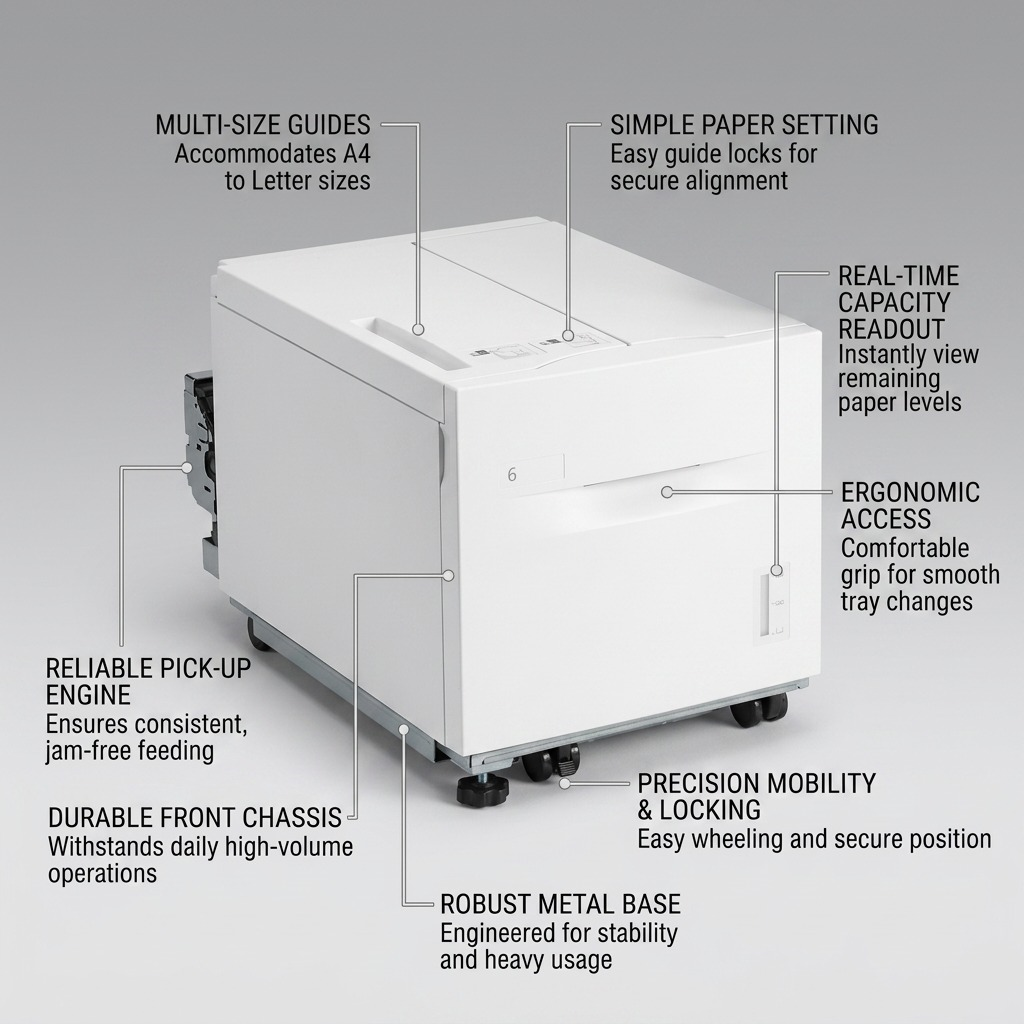 Feature infographic for Xerox 097S04845 high capacity feeder, detailing design and functional benefits.