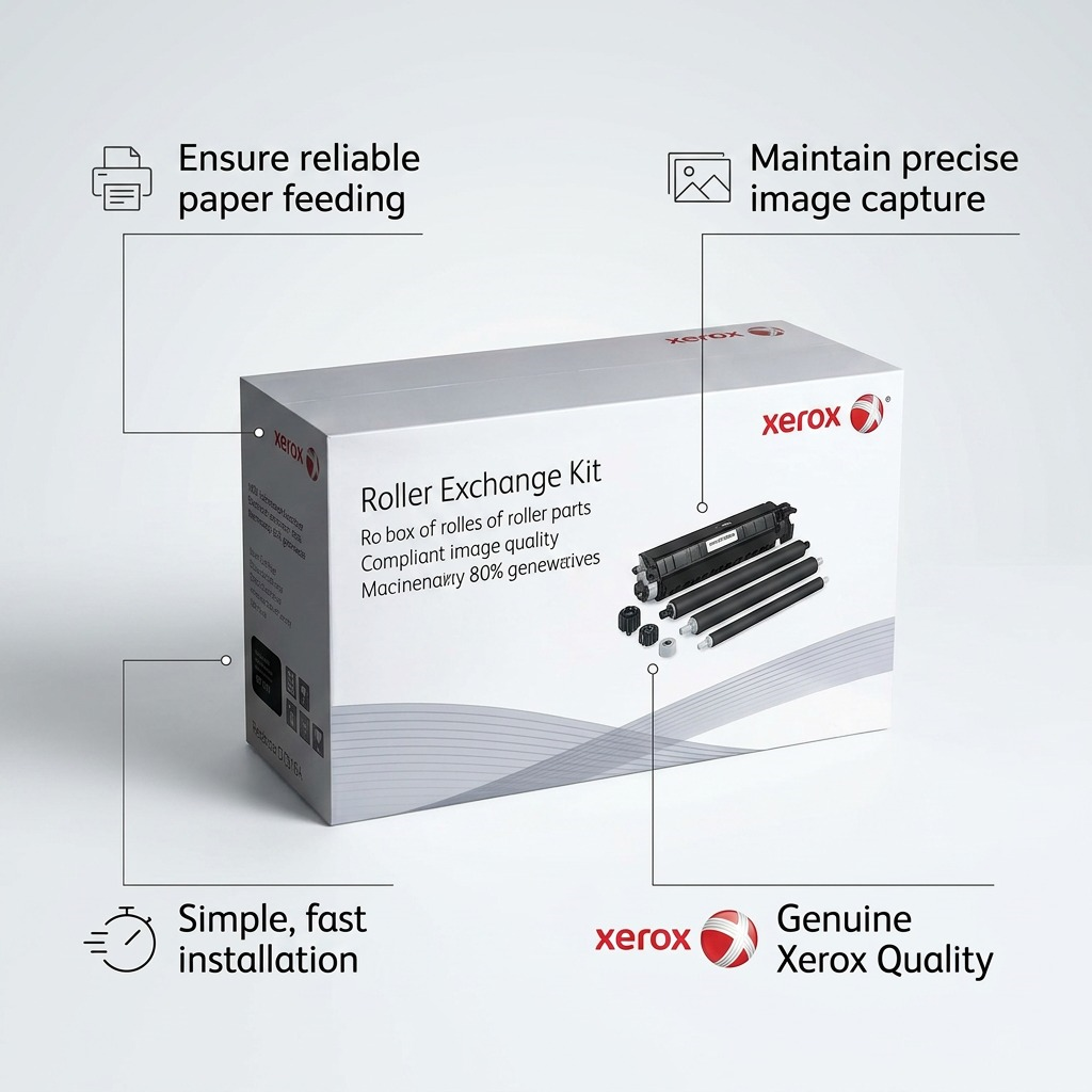Xerox Roller Exchange Kit e-commerce graphic with four benefit callouts.
