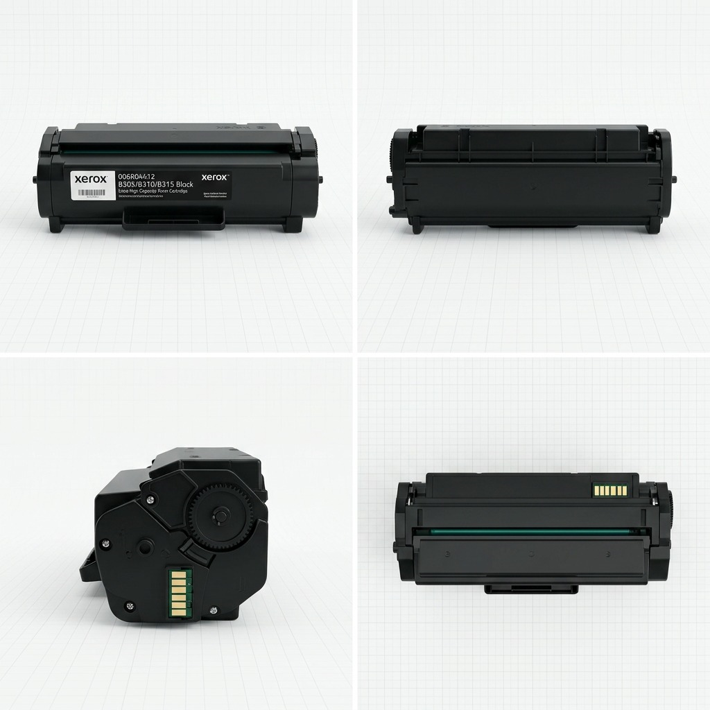 A premium 2x2 grid visualizing Xerox 006R04413 toner, showing front, rear, side, and top angles.