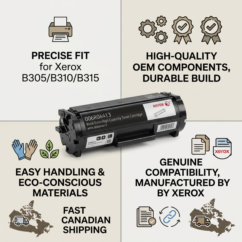 Infographic matrix for the Xerox 006R04413 toner, highlighting OEM features, compatibility, and certifications.